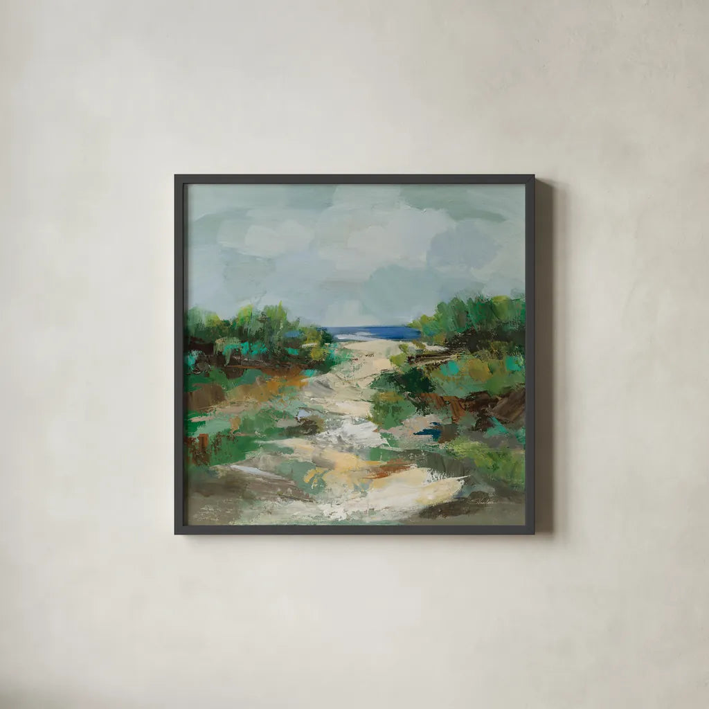 Grassy Beach by Silvia Vassileva. Shown in a sleek black glass frame for a contemporary gallery look. Available as an archival giclee rolled canvas, fine art paper, or poster print. SKU 95131a.