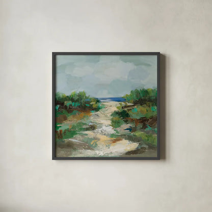 Grassy Beach by Silvia Vassileva. Shown in a sleek black glass frame for a contemporary gallery look. Available as an archival giclee rolled canvas, fine art paper, or poster print. SKU 95131a.