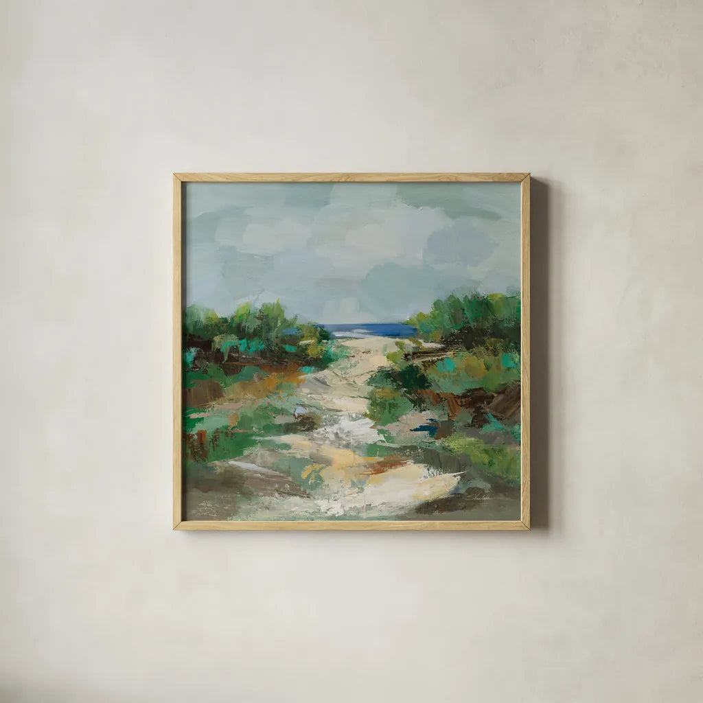 Grassy Beach by Silvia Vassileva. Shown in a natural wood glass frame for a timeless modern aesthetic. Available as an archival giclee rolled canvas, fine art paper, or poster print. SKU 95131a.