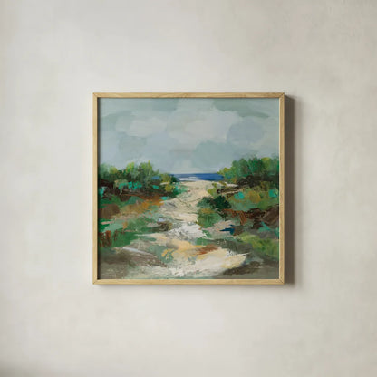 Grassy Beach by Silvia Vassileva. Shown in a natural wood glass frame for a timeless modern aesthetic. Available as an archival giclee rolled canvas, fine art paper, or poster print. SKU 95131a.