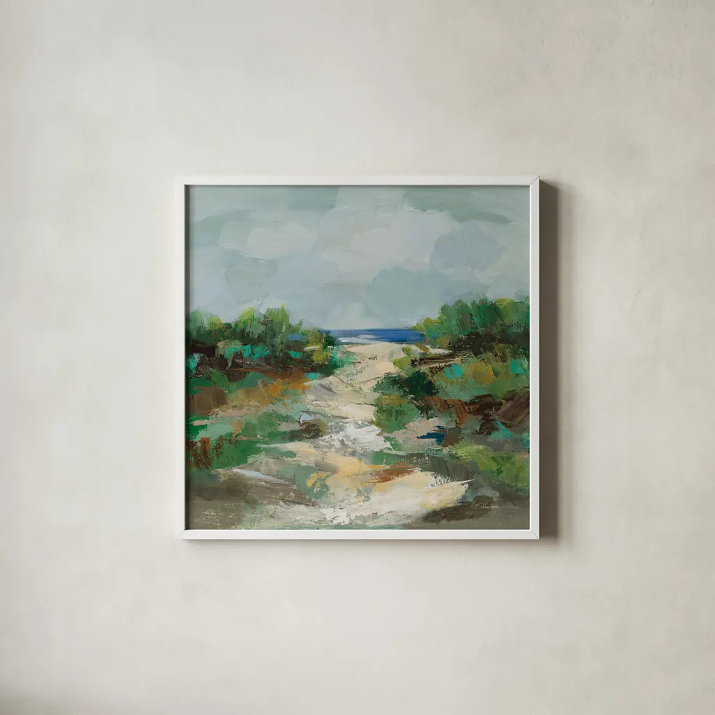 Grassy Beach by Silvia Vassileva. Shown in a crisp white glass frame for a clean and minimalist style. Available as an archival giclee rolled canvas, fine art paper, or poster print. SKU 95131a.