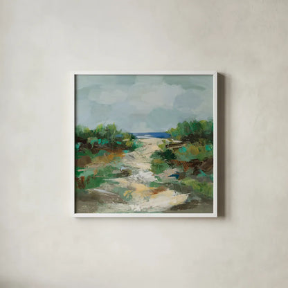 Grassy Beach by Silvia Vassileva. Shown in a crisp white glass frame for a clean and minimalist style. Available as an archival giclee rolled canvas, fine art paper, or poster print. SKU 95131a.
