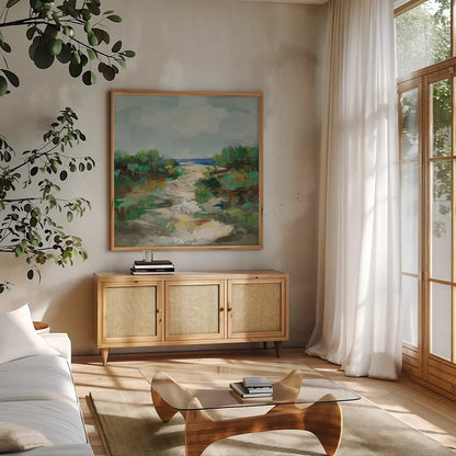 Grassy Beach by Silvia Vassileva. Shown in a natural wood frame in a cozy modern living room. Available as an archival giclee rolled canvas, fine art paper, or poster print. SKU 95131a.