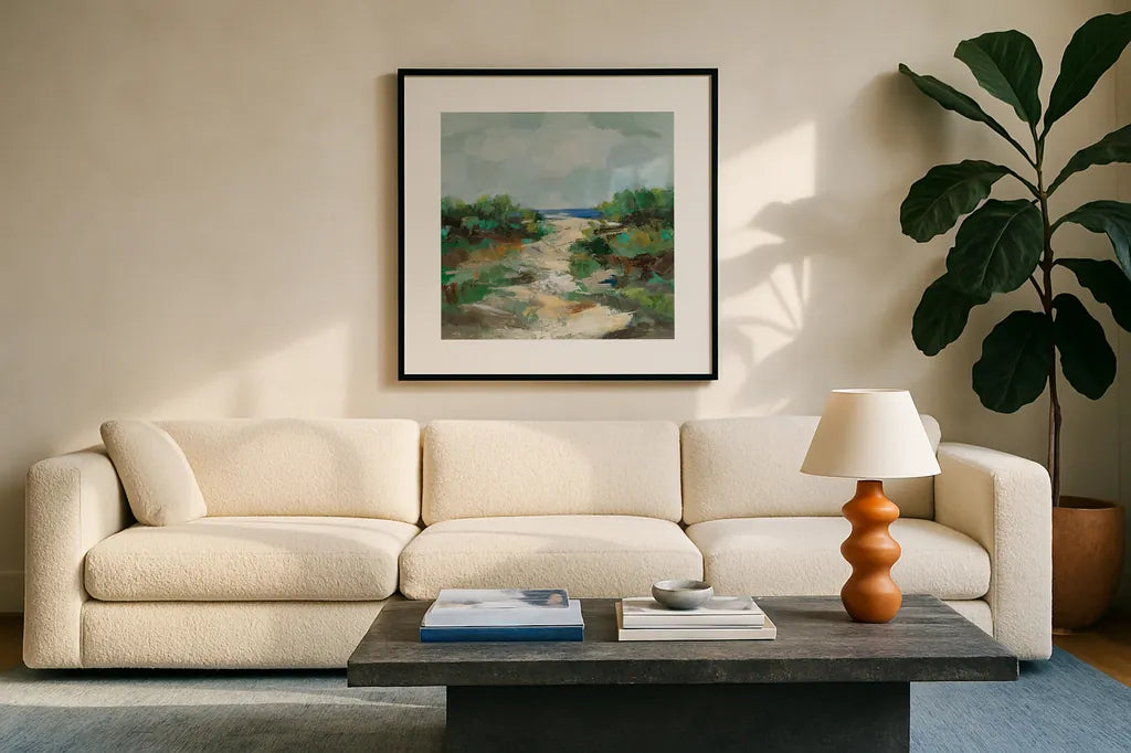 Grassy Beach by Silvia Vassileva. Displayed in a glass frame with matte in a clean modern living room. Available as an archival giclee rolled canvas, fine art paper, or poster print. SKU 95131a.