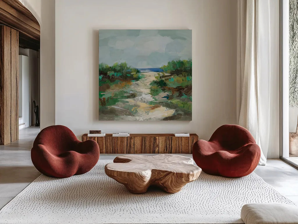 Grassy Beach by Silvia Vassileva. Shown as extra-large giant wall art in a modern living room. Available as an archival giclee rolled canvas, fine art paper, or poster print. SKU 95131a.