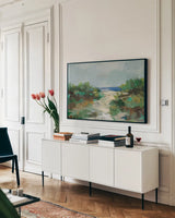 Grassy Beach Crop by Silvia Vassileva. shown as a framed stretched canvas in a living room above a console. Available as a archival giclee rolled canvas, fine art paper, or poster print. SKU 95131i.