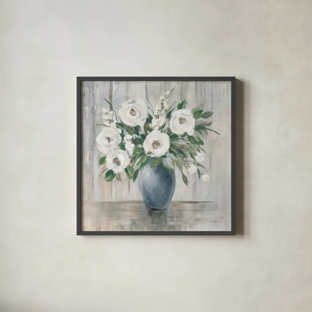 Gray Barn Floral Light by Silvia Vassileva. Shown in a sleek black glass frame for a contemporary gallery look. Available as an archival giclee rolled canvas, fine art paper, or poster print. SKU 78472a.