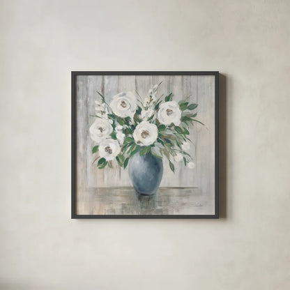 Gray Barn Floral Light by Silvia Vassileva. Shown in a sleek black glass frame for a contemporary gallery look. Available as an archival giclee rolled canvas, fine art paper, or poster print. SKU 78472a.