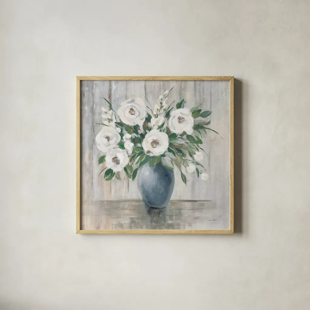 Gray Barn Floral Light by Silvia Vassileva. Shown in a natural wood glass frame for a timeless modern aesthetic. Available as an archival giclee rolled canvas, fine art paper, or poster print. SKU 78472a.