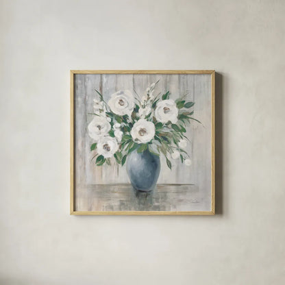 Gray Barn Floral Light by Silvia Vassileva. Shown in a natural wood glass frame for a timeless modern aesthetic. Available as an archival giclee rolled canvas, fine art paper, or poster print. SKU 78472a.