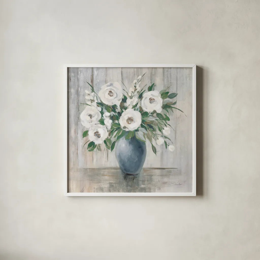 Gray Barn Floral Light by Silvia Vassileva. Shown in a crisp white glass frame for a clean and minimalist style. Available as an archival giclee rolled canvas, fine art paper, or poster print. SKU 78472a.