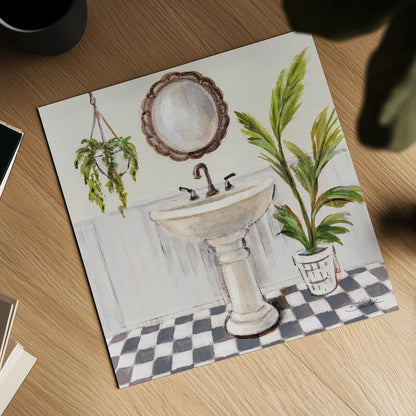 Gray Cottage Bathroom II by Silvia Vassileva. Shown as a detailed flat fine art print, highlighting archival giclee quality. Available as an archival giclee rolled canvas, fine art paper, or poster print. SKU 82838a.