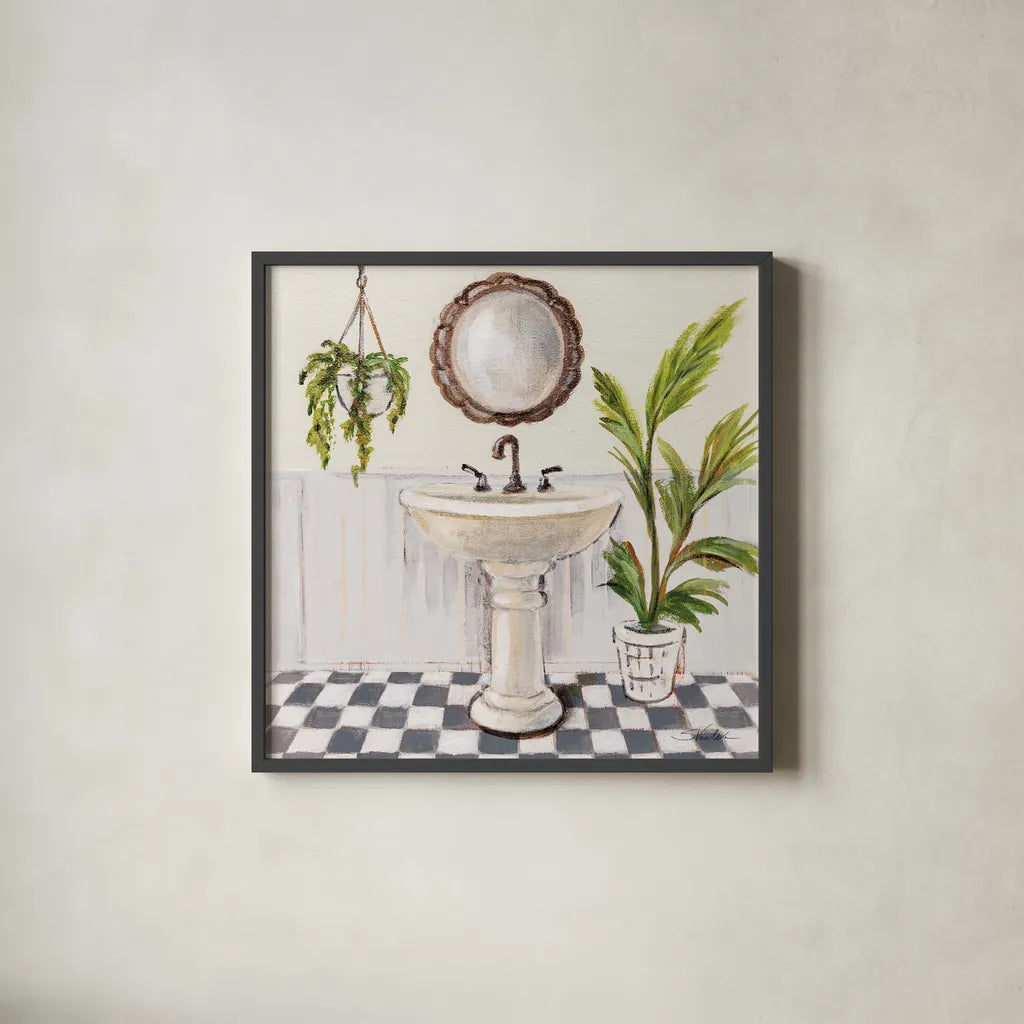 Gray Cottage Bathroom II by Silvia Vassileva. Shown in a sleek black glass frame for a contemporary gallery look. Available as an archival giclee rolled canvas, fine art paper, or poster print. SKU 82838a.