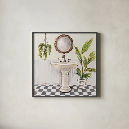 Gray Cottage Bathroom II by Silvia Vassileva. Shown in a sleek black glass frame for a contemporary gallery look. Available as an archival giclee rolled canvas, fine art paper, or poster print. SKU 82838a.