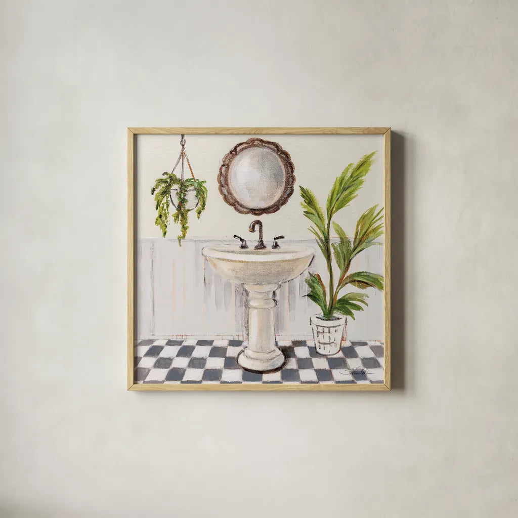 Gray Cottage Bathroom II by Silvia Vassileva. Shown in a natural wood glass frame for a timeless modern aesthetic. Available as an archival giclee rolled canvas, fine art paper, or poster print. SKU 82838a.
