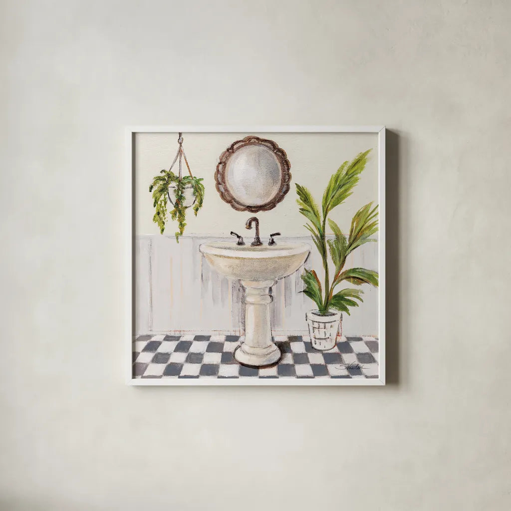 Gray Cottage Bathroom II by Silvia Vassileva. Shown in a crisp white glass frame for a clean and minimalist style. Available as an archival giclee rolled canvas, fine art paper, or poster print. SKU 82838a.
