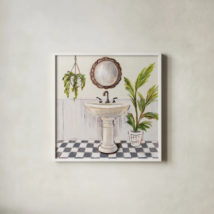 Gray Cottage Bathroom II by Silvia Vassileva. Shown in a crisp white glass frame for a clean and minimalist style. Available as an archival giclee rolled canvas, fine art paper, or poster print. SKU 82838a.