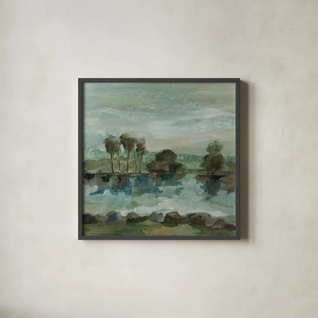Green River I by Silvia Vassileva. Shown in a sleek black glass frame for a contemporary gallery look. Available as an archival giclee rolled canvas, fine art paper, or poster print. SKU 98574a.