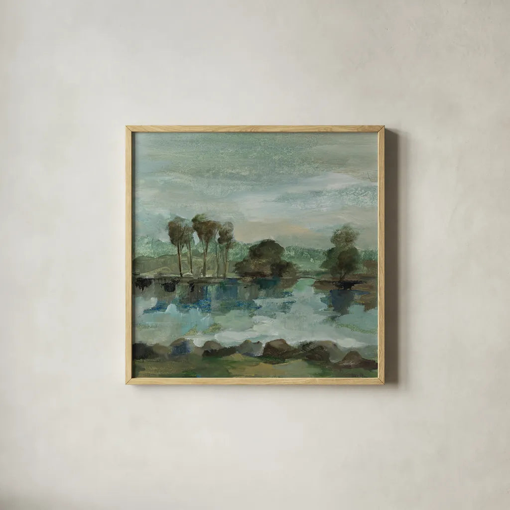 Green River I by Silvia Vassileva. Shown in a natural wood glass frame for a timeless modern aesthetic. Available as an archival giclee rolled canvas, fine art paper, or poster print. SKU 98574a.