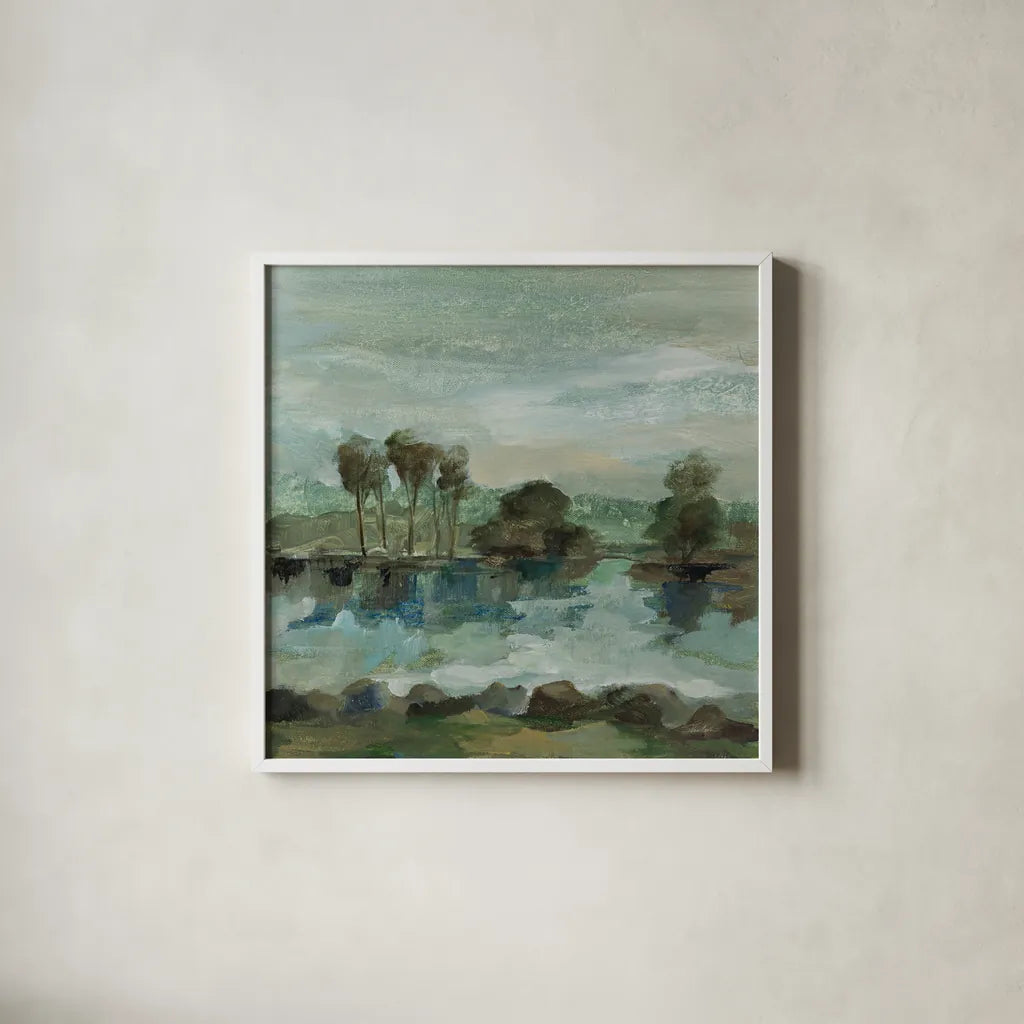 Green River I by Silvia Vassileva. Shown in a crisp white glass frame for a clean and minimalist style. Available as an archival giclee rolled canvas, fine art paper, or poster print. SKU 98574a.