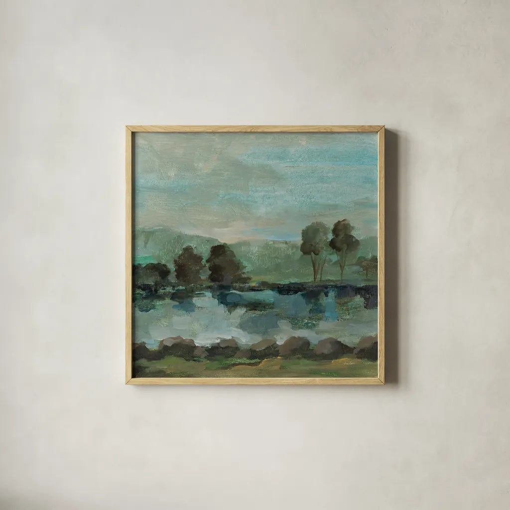 Green River II by Silvia Vassileva. Shown in a natural wood glass frame for a timeless modern aesthetic. Available as an archival giclee rolled canvas, fine art paper, or poster print. SKU 98575a.
