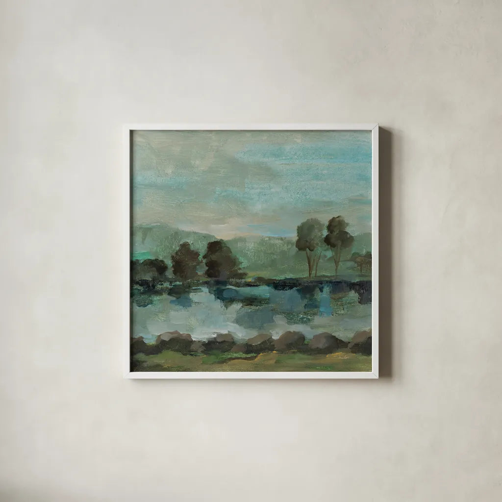 Green River II by Silvia Vassileva. Shown in a crisp white glass frame for a clean and minimalist style. Available as an archival giclee rolled canvas, fine art paper, or poster print. SKU 98575a.