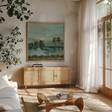 Green River II by Silvia Vassileva. Shown in a natural wood frame in a cozy modern living room. Available as an archival giclee rolled canvas, fine art paper, or poster print. SKU 98575a.