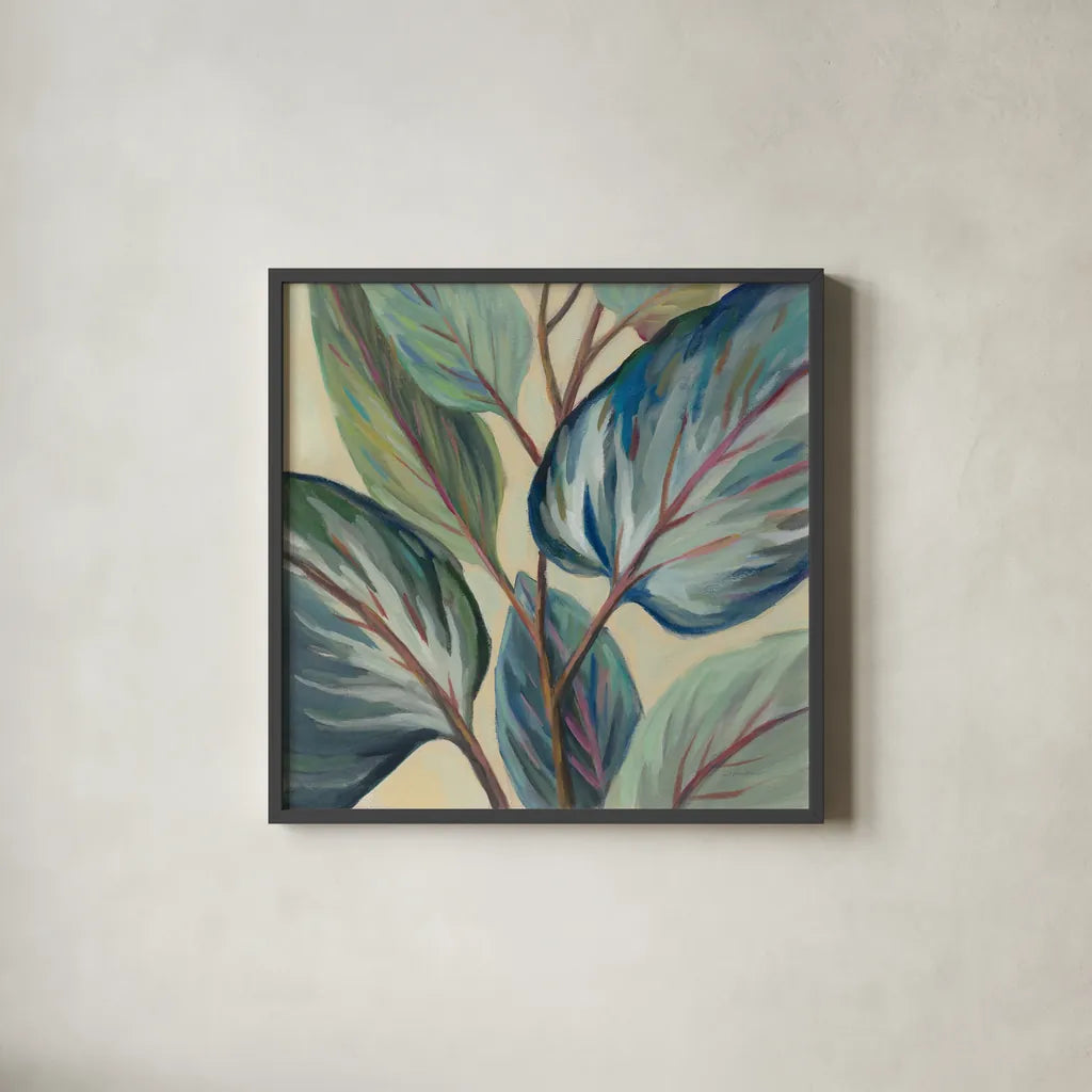 Greenhouse Leaves by Silvia Vassileva. Shown in a sleek black glass frame for a contemporary gallery look. Available as an archival giclee rolled canvas, fine art paper, or poster print. SKU 67427a.