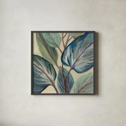 Greenhouse Leaves by Silvia Vassileva. Shown in a sleek black glass frame for a contemporary gallery look. Available as an archival giclee rolled canvas, fine art paper, or poster print. SKU 67427a.