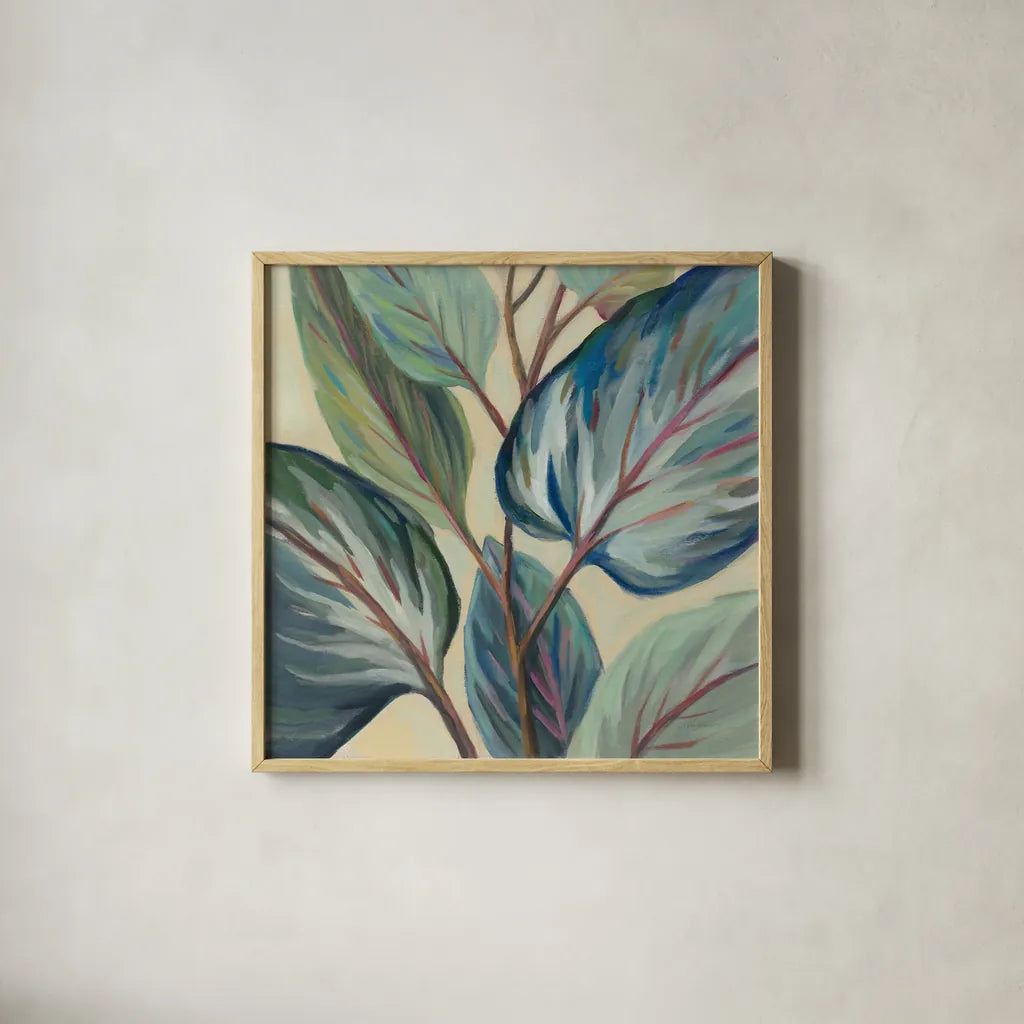 Greenhouse Leaves by Silvia Vassileva. Shown in a natural wood glass frame for a timeless modern aesthetic. Available as an archival giclee rolled canvas, fine art paper, or poster print. SKU 67427a.