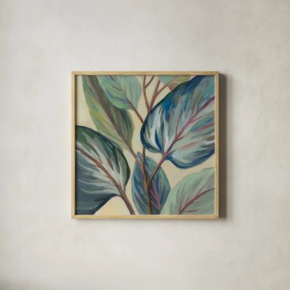 Greenhouse Leaves by Silvia Vassileva. Shown in a natural wood glass frame for a timeless modern aesthetic. Available as an archival giclee rolled canvas, fine art paper, or poster print. SKU 67427a.