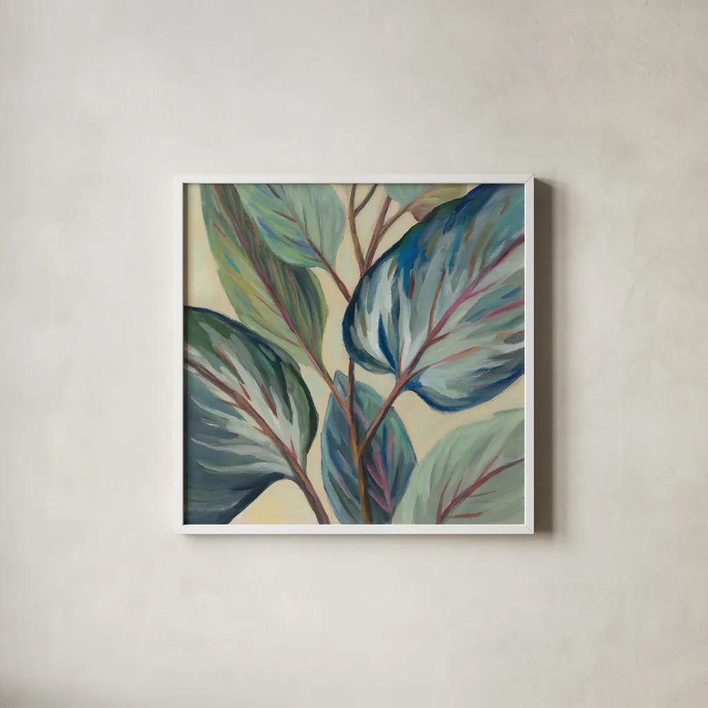 Greenhouse Leaves by Silvia Vassileva. Shown in a crisp white glass frame for a clean and minimalist style. Available as an archival giclee rolled canvas, fine art paper, or poster print. SKU 67427a.