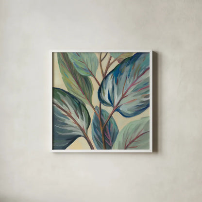 Greenhouse Leaves by Silvia Vassileva. Shown in a crisp white glass frame for a clean and minimalist style. Available as an archival giclee rolled canvas, fine art paper, or poster print. SKU 67427a.