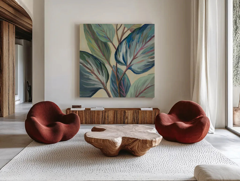 Greenhouse Leaves by Silvia Vassileva. Shown as extra-large giant wall art in a modern living room. Available as an archival giclee rolled canvas, fine art paper, or poster print. SKU 67427a.
