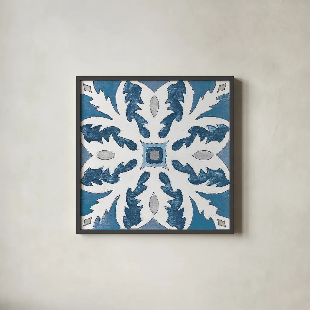 Gypsy Wall Tile 10 Blue Gray by Silvia Vassileva. Shown in a sleek black glass frame for a contemporary gallery look. Available as an archival giclee rolled canvas, fine art paper, or poster print. SKU 51739a.
