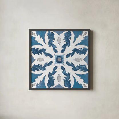 Gypsy Wall Tile 10 Blue Gray by Silvia Vassileva. Shown in a sleek black glass frame for a contemporary gallery look. Available as an archival giclee rolled canvas, fine art paper, or poster print. SKU 51739a.