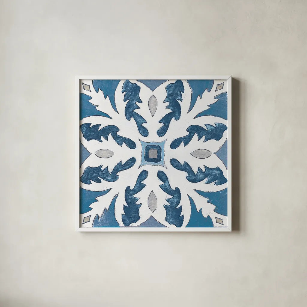 Gypsy Wall Tile 10 Blue Gray by Silvia Vassileva. Shown in a crisp white glass frame for a clean and minimalist style. Available as an archival giclee rolled canvas, fine art paper, or poster print. SKU 51739a.