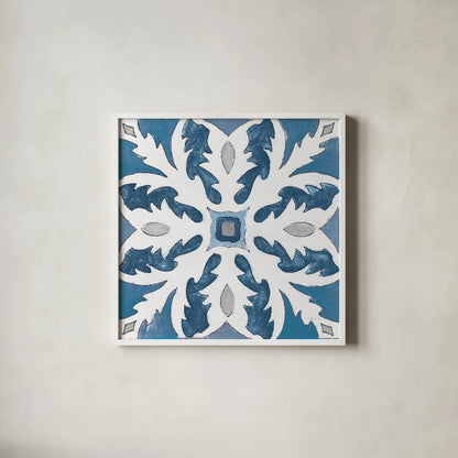 Gypsy Wall Tile 10 Blue Gray by Silvia Vassileva. Shown in a crisp white glass frame for a clean and minimalist style. Available as an archival giclee rolled canvas, fine art paper, or poster print. SKU 51739a.