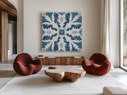 Gypsy Wall Tile 10 Blue Gray by Silvia Vassileva. Shown as extra-large giant wall art in a modern living room. Available as an archival giclee rolled canvas, fine art paper, or poster print. SKU 51739a.