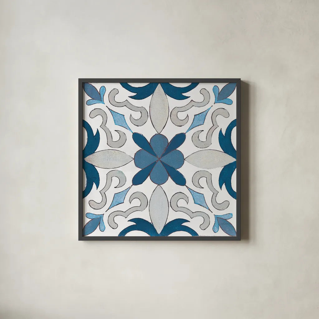 Gypsy Wall Tile 14 Blue Gray by Silvia Vassileva. Shown in a sleek black glass frame for a contemporary gallery look. Available as an archival giclee rolled canvas, fine art paper, or poster print. SKU 51740a.