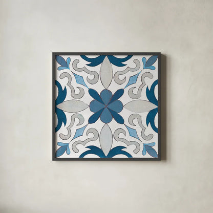 Gypsy Wall Tile 14 Blue Gray by Silvia Vassileva. Shown in a sleek black glass frame for a contemporary gallery look. Available as an archival giclee rolled canvas, fine art paper, or poster print. SKU 51740a.