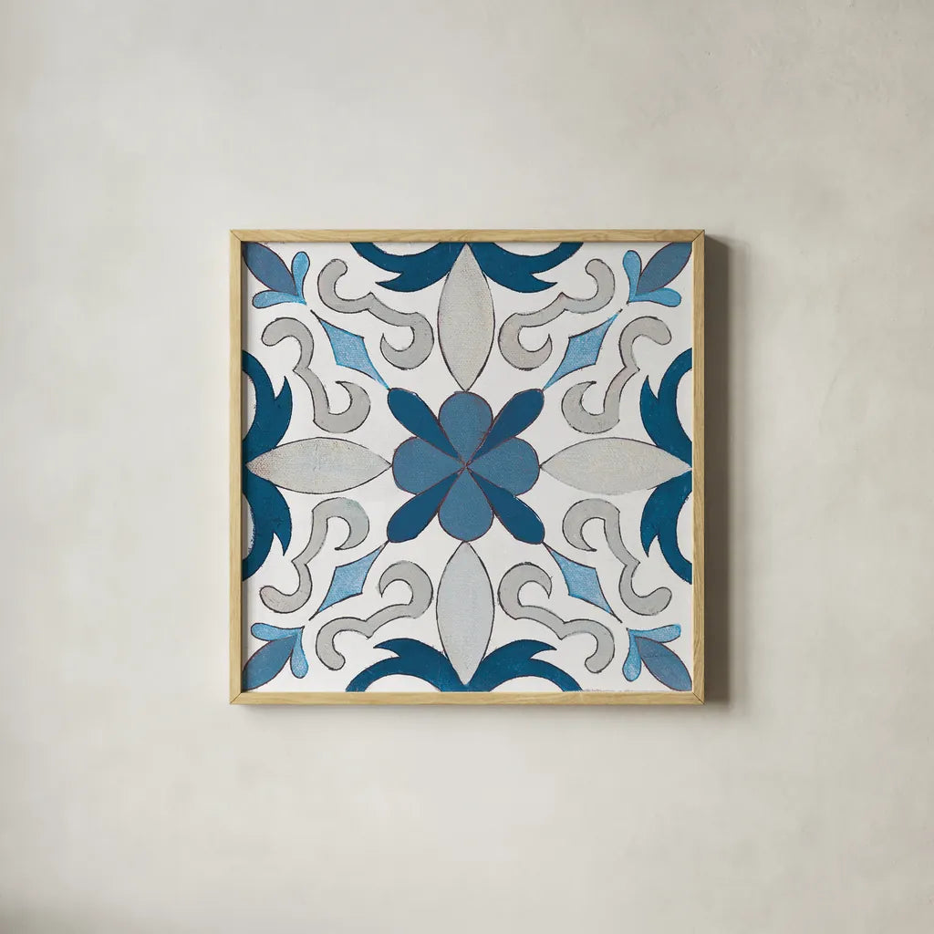 Gypsy Wall Tile 14 Blue Gray by Silvia Vassileva. Shown in a natural wood glass frame for a timeless modern aesthetic. Available as an archival giclee rolled canvas, fine art paper, or poster print. SKU 51740a.