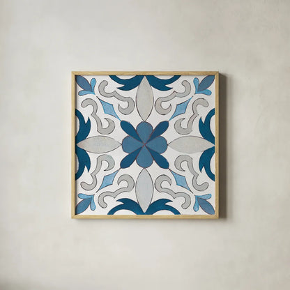 Gypsy Wall Tile 14 Blue Gray by Silvia Vassileva. Shown in a natural wood glass frame for a timeless modern aesthetic. Available as an archival giclee rolled canvas, fine art paper, or poster print. SKU 51740a.