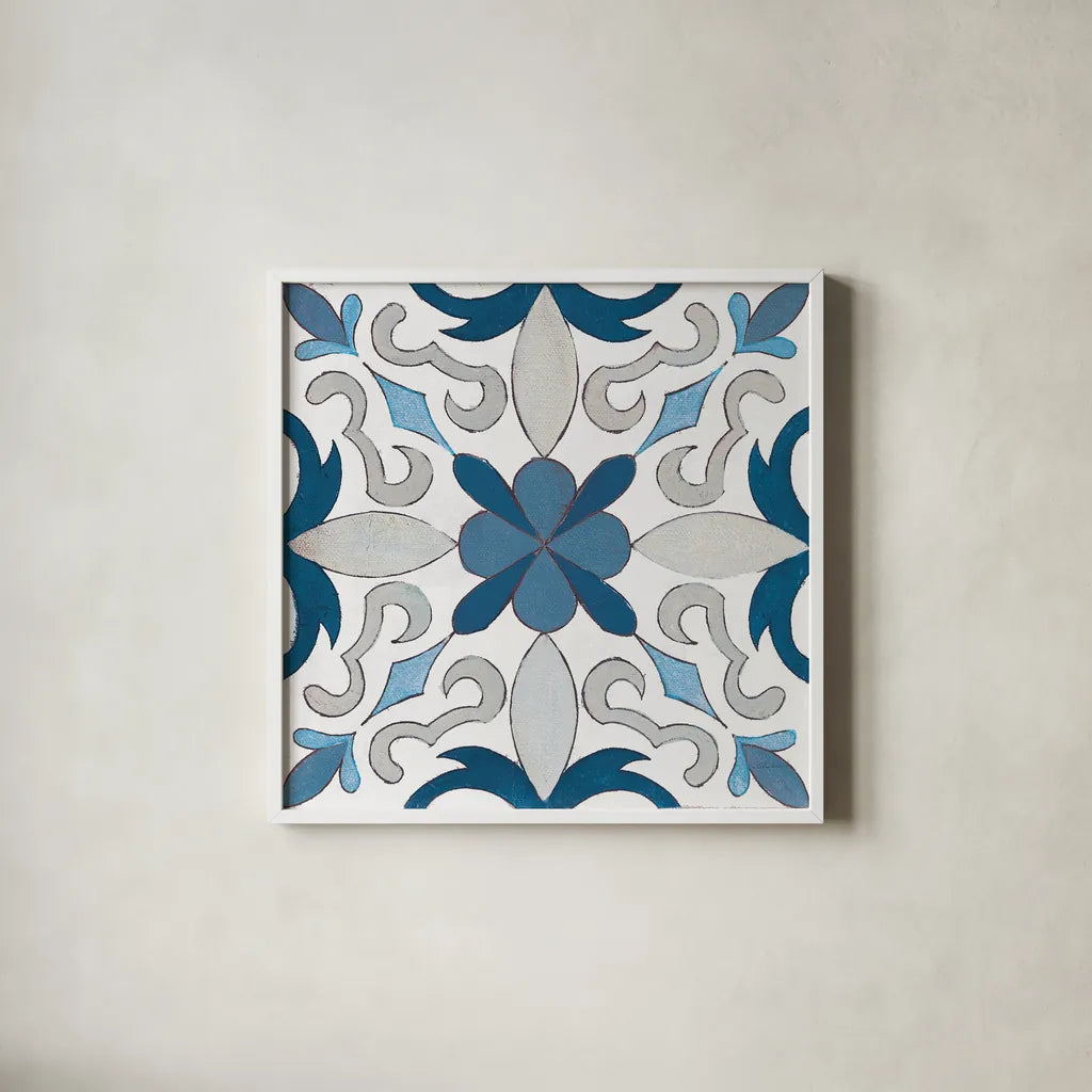 Gypsy Wall Tile 14 Blue Gray by Silvia Vassileva. Shown in a crisp white glass frame for a clean and minimalist style. Available as an archival giclee rolled canvas, fine art paper, or poster print. SKU 51740a.