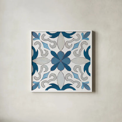 Gypsy Wall Tile 14 Blue Gray by Silvia Vassileva. Shown in a crisp white glass frame for a clean and minimalist style. Available as an archival giclee rolled canvas, fine art paper, or poster print. SKU 51740a.