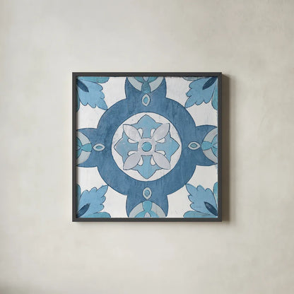 Gypsy Wall Tile 6 Blue Gray by Silvia Vassileva. Shown in a sleek black glass frame for a contemporary gallery look. Available as an archival giclee rolled canvas, fine art paper, or poster print. SKU 51737a.