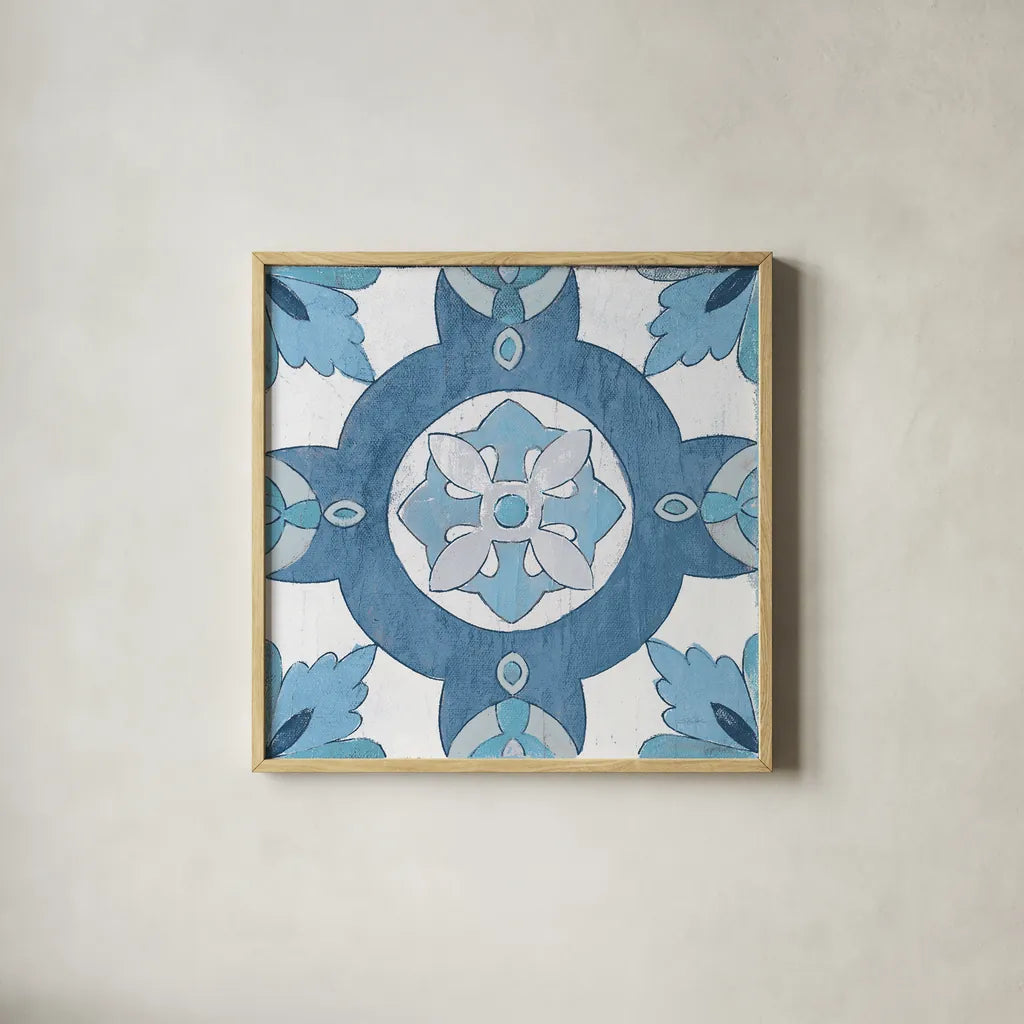 Gypsy Wall Tile 6 Blue Gray by Silvia Vassileva. Shown in a natural wood glass frame for a timeless modern aesthetic. Available as an archival giclee rolled canvas, fine art paper, or poster print. SKU 51737a.