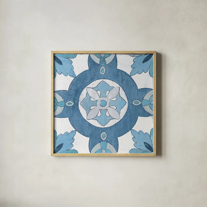Gypsy Wall Tile 6 Blue Gray by Silvia Vassileva. Shown in a natural wood glass frame for a timeless modern aesthetic. Available as an archival giclee rolled canvas, fine art paper, or poster print. SKU 51737a.