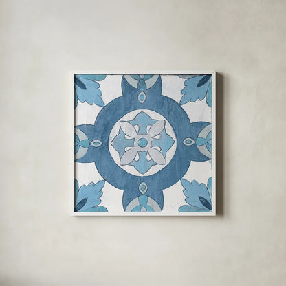 Gypsy Wall Tile 6 Blue Gray by Silvia Vassileva. Shown in a crisp white glass frame for a clean and minimalist style. Available as an archival giclee rolled canvas, fine art paper, or poster print. SKU 51737a.