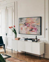 Haiku by Silvia Vassileva. shown as a framed stretched canvas in a living room above a console. Available as a archival giclee rolled canvas, fine art paper, or poster print. SKU 38247i.